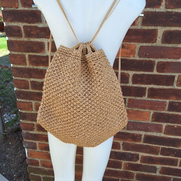 Tan Woven Paper Raffia Drawstring Backpack - Picture 7 of 15